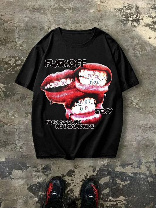 Men's Letter & Lip Print Round Neck Tee, Regular Fit Casual Short Sleeve Crew Neck T-Shirt for Summer, Fashion Men's Top for Daily Wear