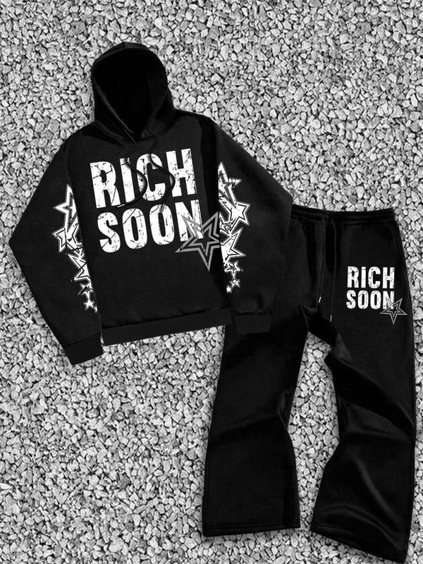 Men's Letter Print Hoodie & Pants Set, Regular Fit Casual Fashion Cozy Breathable Outfits for Daily Outdoor Wear, Men's Clothes for Spring & Fall