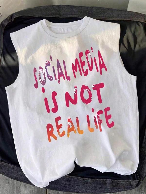 Men's Letter Print Round Neck Tank Top, Regular Fit Casual Fashion Sleeveless Top for Summer, Men's Clothes for Daily Wear, Socks