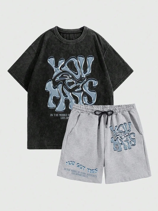 Men's Letter Print Tee & Shorts Two-Piece Set, Regular Fit Casual Short Sleeve T-shirt & Track Shorts, Summer Outfits Clothes Set for Men, Cotton