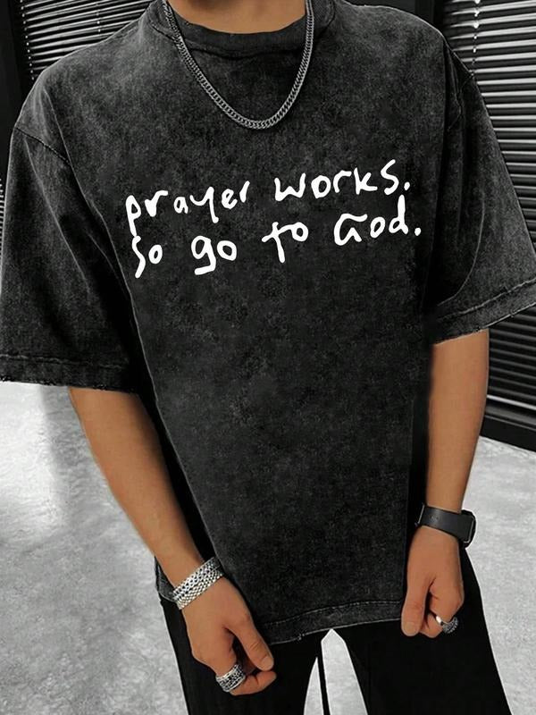 Men's Letter Print Wash Denim-Effect Short Sleeve Tee, Regular Fit Casual Fashion T-shirt for Summer, Men's Top for Daily Wear, Crewneck, Cotton