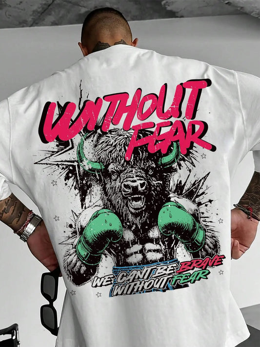 Men's Regular Fit Bull Head & Letter Print Round Neck Graphic Tee, Casual Short Sleeve T-shirt for Summer, Men's Top for Daily Wear