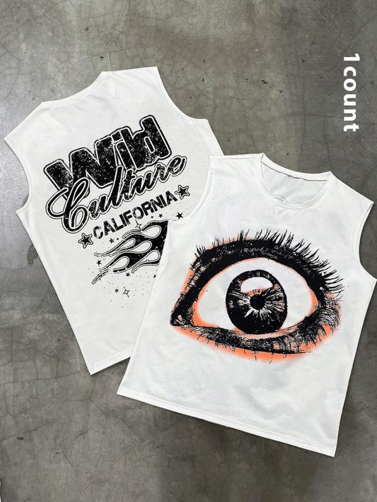 Men's Regular Fit Cartoon Eye Print Tank Top, Casual Sleeveless Graphic Top for Summer, Fashion Men's Top for Daily Wear, Socks