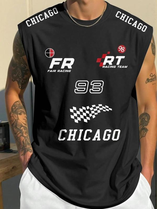 Men's Regular Fit Racing Team Print Tank Top, Casual Sleeveless Top for Summer, Men's Clothes for Outdoor Activities