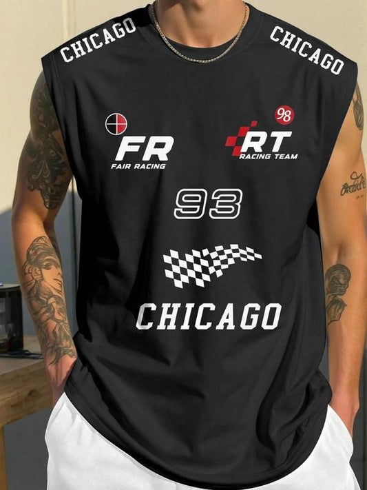 Men's Regular Fit Racing Team Print Tank Top, Casual Sleeveless Top for Summer, Men's Clothes for Outdoor Activities
