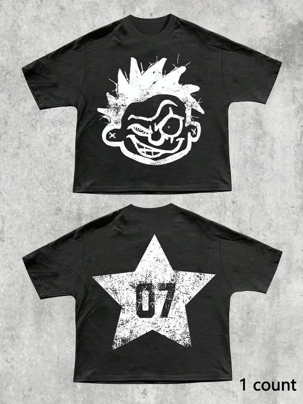 Men's Regular Fit Star & Skull Print Round Neck Tee, Casual Short Sleeve Graphic T-shirt for Summer, Men's Top for Daily Wear, Tropical, Cotton