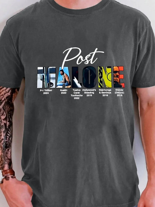 Men's Retro Post Malone Graphic Print Round Neck Tee, 90s Style Regular Fit Casual Short Sleeve Crew Neck T-shirt for Daily Wear, Fashion Men's Top for All Seasons