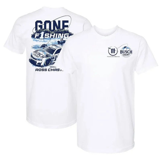 Men's Ross Chastain Trackhouse Racing Team Collection White Gone Fishing Busch Light T-Shirt,T Shirt For Men, shirt summer see