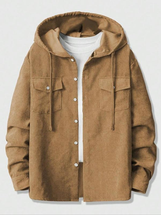 Men's Solid Color Button Front Drawstring Hooded Jacket, Regular Fit Casual Long Sleeve Pocket Outerwear for Daily Wear, Men's Clothes for All Seasons