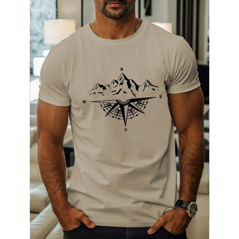 Men's Summer Mountain Print Round Neck Short Sleeve Casual T-Shirt Made in USA