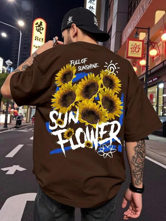 Men's Sunflower Print Round Neck Tee, Regular Fit Casual Short Sleeve Crew Neck T-Shirt for Daily Wear, Men's Top for Summer, Tropical
