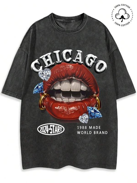 Men's Vintage Chicago Graphic Print Round Neck Tee, Casual Fashion Short Sleeve T-shirt for Summer, Men's Top for Daily Wear, Tropical, Cotton