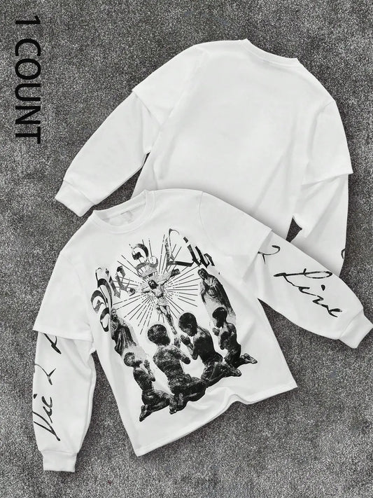 Men's Vintage Graphic Print Long Sleeve Sweatshirt, Regular Fit Casual Retro Round Neck Pullover for Daily Wear, Men's Top for All Seasons