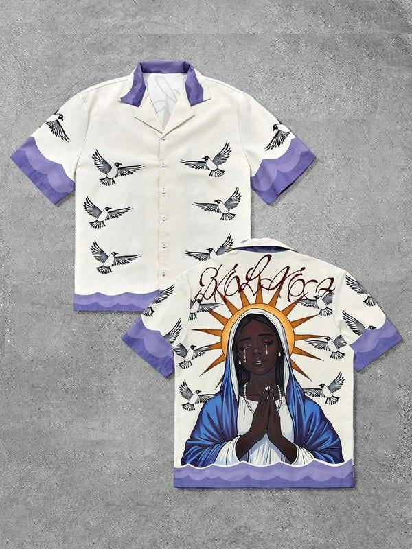 Men's Virgin Mary & Sun Print Short Sleeve Graphic Shirt, Regular Fit Casual Fashion Comfy Top for Summer, Men's Clothes for Daily Wear