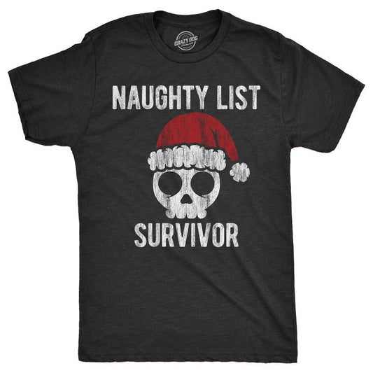 Mens Naughty List Survivor T Shirt Funny Xmas Santa Claus Bad Behavior Joke Tee for Guys Mens Funny T Shirts Cool Tees Soft Stylish Casual Menswear Christmas Apparel for Men Funny Sarcastic Short Black -