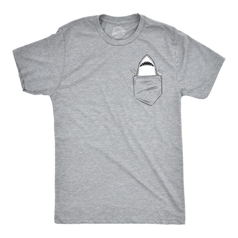 Mens Pocket Shark Funny T shirts Printed Graphic Jaws Cool Novelty T shirt Mens Funny T Shirts Cool Tees Soft Stylish Casual Menswear Shark Apparel for Men Novelty Tees for Guys Light Grey