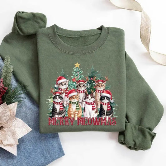 Meowy Christmas Cat Sweatshirt, Cat Lover Xmas Crewneck, Funny Christmas Cat Hoodie, Shirt For Cat Lover, Cat Mom Gift