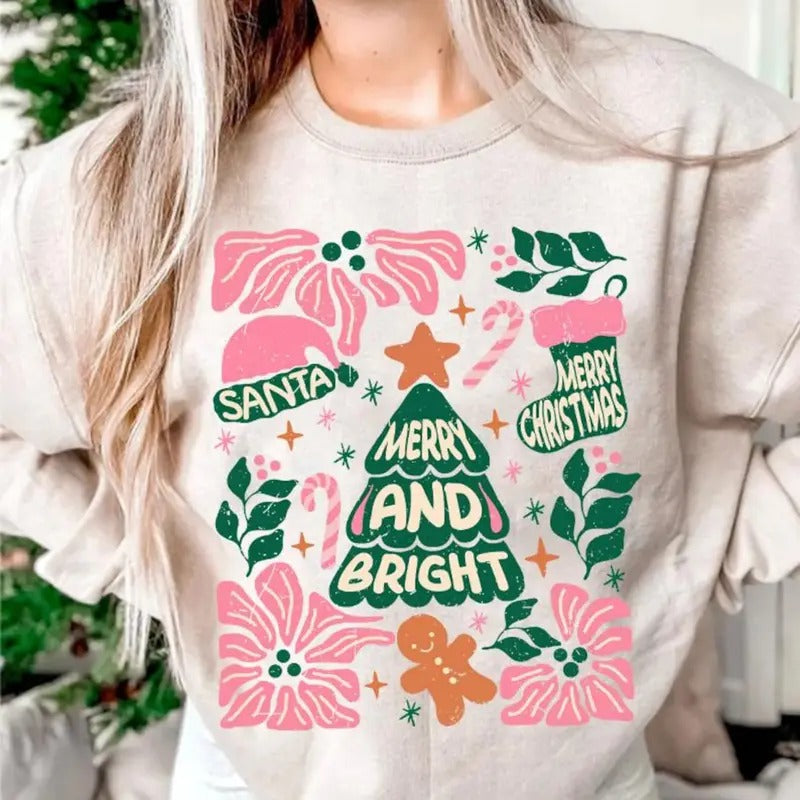 Merry And Bright Sweatshirt, Floral Boho Christmas T-Shirt, Holiday Vibes Shirt, Christmas Santa Sweater, Gift For Holiday