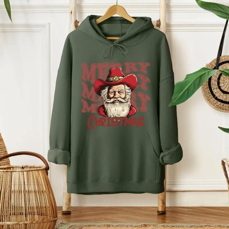 Merry Christmas Santa Cowboy T-Shirt - Unisex Fabric, Loose Fit, Retro Texas Santa Sweatshirt - Pullover