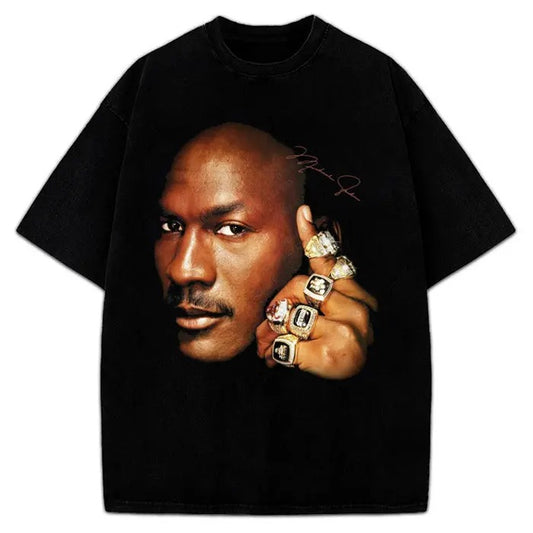 Michael Six Championship 6 Rings Graphic Tee 90's T-Shirt Streetwear Crewneck Cotton Menswear Soft