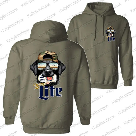 Miller Lite Black Retriever Hunting Dog Biting a Lite Beer Can Hoodie Sweatshirt, 2 Sided Graphic Printed Unisex Classic Cotton T-Shirt