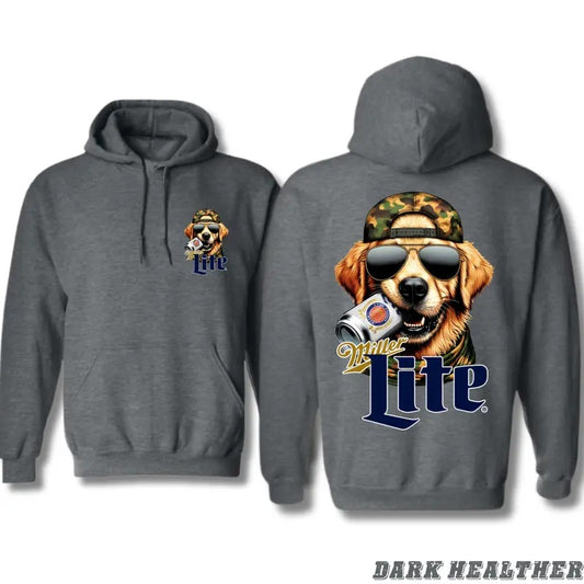 Miller Lite Hoodie - Fun Dog Graphic with Camo Hat and Miller Lite Can, Perfect for Beer Enthusiasts and Dog Lovers, Cozy Hoodie for Casual Days and Outdoor Adventures