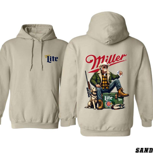 Miller Lite Hoodie - Outdoor Adventure Graphic with Man, Dog, and Cooler, Perfect for Beer and Hunting Fans, Cozy and Unique Style - Menswear, Tops