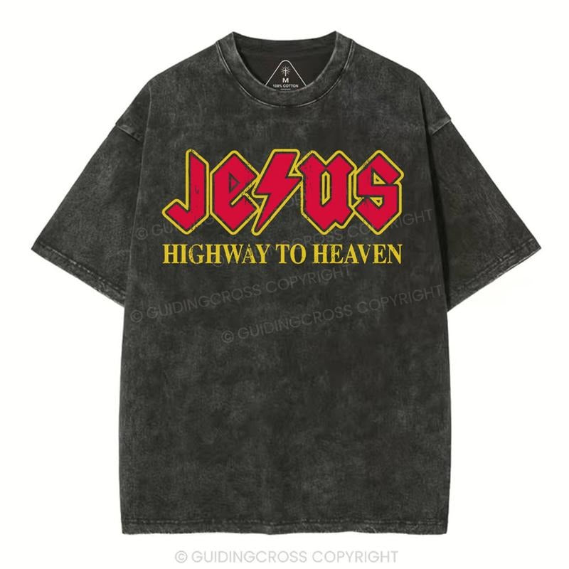 [ Mineral Wash ] Jesus Highway To Heaven Christian Washed TShirt Jesus Graphic Washed Style Shirt