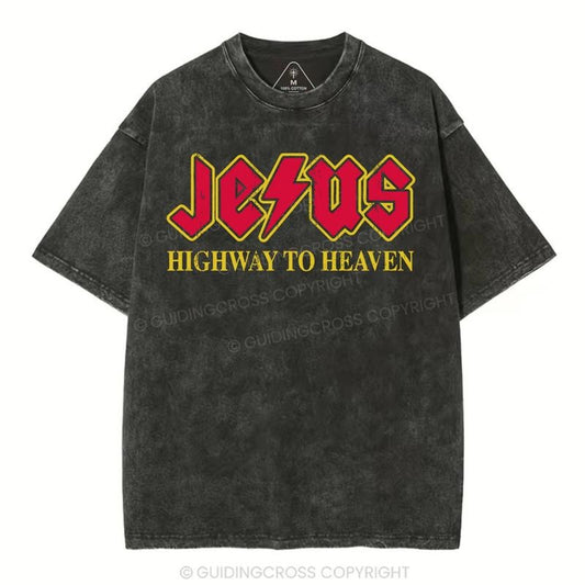 [ Mineral Wash ] Jesus Highway To Heaven Christian Washed TShirt Jesus Graphic Washed Style Shirt