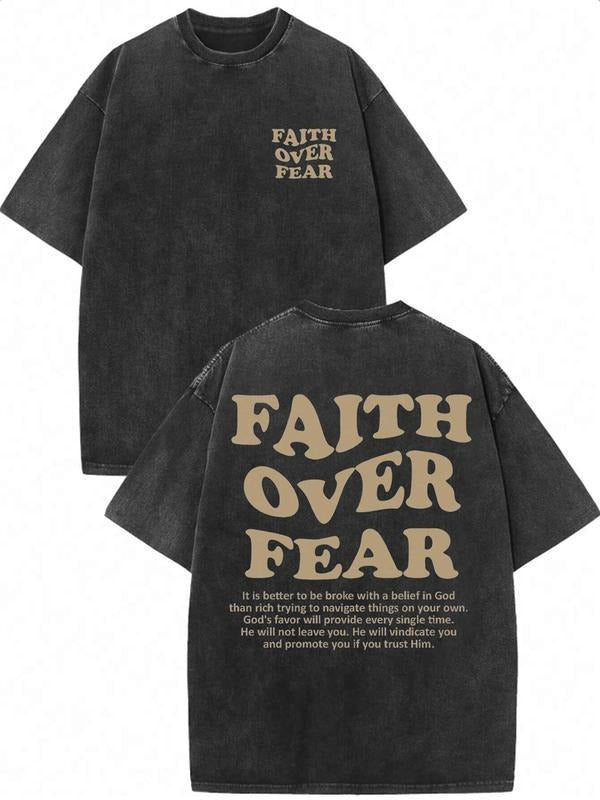 [ Mineral Wash ] Mens "Faith Over Fear" Slogan Print Washed Distressed Short Sleeve Tee, Regular Fit Casual Street Comfy TShirt For Daily Wear, Mens Clothes For All Seasons