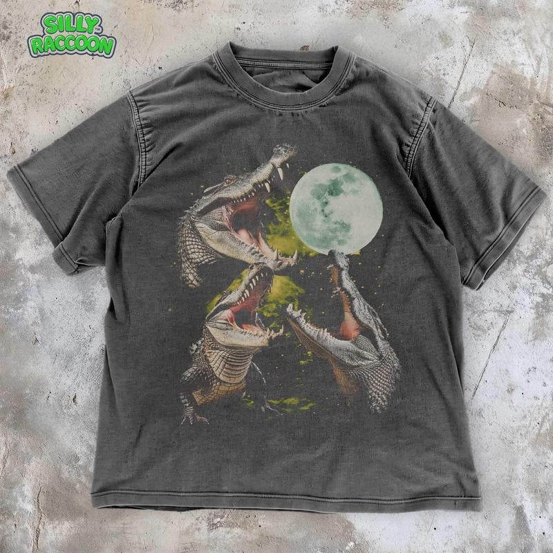 [ Mineral Wash ] Sandal Shoesodile Moon Grunge Graphic Tee , Vintage Style Three Gators Howling TShirt , Animal Graphic Tee , Retro Reptile Lover Washed Gift