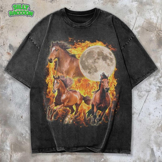 [ Mineral Wash ] Wild Horse Vintage ed TShirt , Fire Stallion Graphic Tee , Moonlit Grunge Tee For Western Horse Lovers & Spirit Animal Washed Gifts