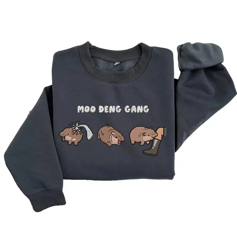 Moo Deng Embroidered Sweatshirt, Moo Deng Gang Sweatshirt, Funny Baby Hippo Moo Deng Gang Embroidered Crewneck Sweatshirt