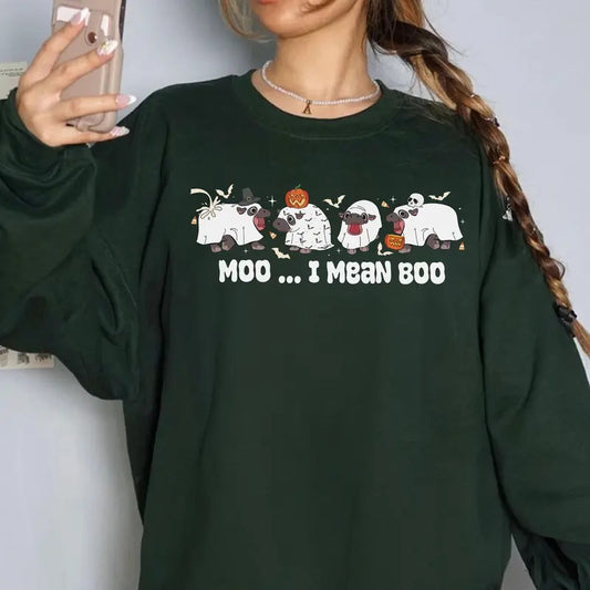 Moo Deng Halloween Sweatshirt , Moo I Mean Boo Shirt, Spooky Baby Pygmy Hippo, Funny Halloween TShirt, Cute Moo Deng Tee Womenswear Animal