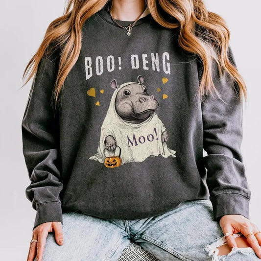Moo Deng Sweatshirt - Cute Boo Deng Baby Hippo Halloween Pullover,   Vintage Halloween Sweatshirt Cotton Womenswear Hoodie Light