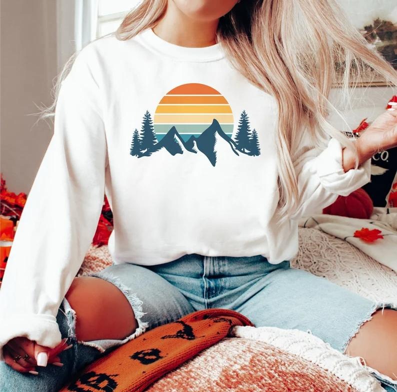 Mountain Sweatshirt, Retro Sunset Aesthetic Sweatshirt, Cozy Sweatshirt, Hiking Sweatshirt Cotton Spandex