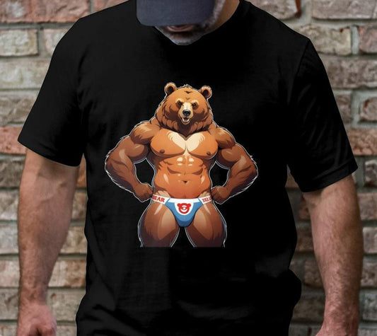 Muscle Bear Graphic T-Shirt, Funny Bear Cartoon Shirt, Men's Novelty Tee, Cool Bear Wrestling Mask Art, Unique Graphic Tee Menswear Top
