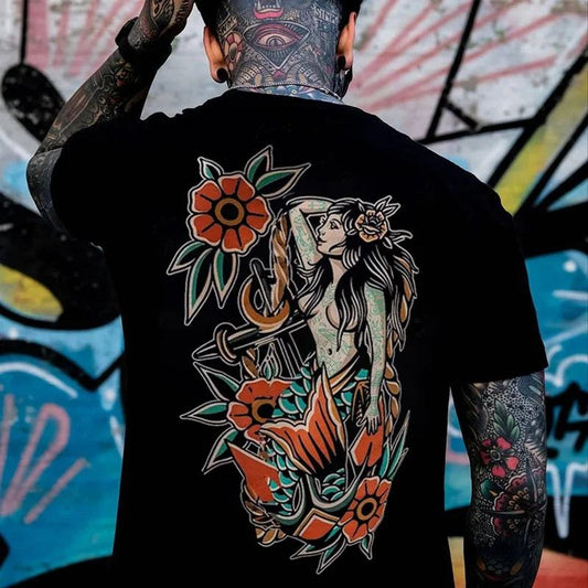 Mythology Goddess with Flowers Graphic Casual Black Print T-shirt - Naughty Clothes Men