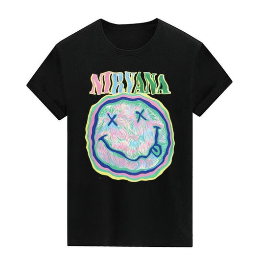 NIRVANA Smile Face T-shirt Crew Neck Tee Cotton Short Sleeves Adult New S-3XL