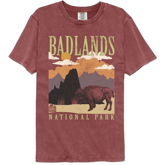 National Parks - Badlands Minimalist Landscape - American Classics - Solid Red Adult Short Sleeve Comfort Color T-Shirt