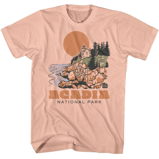 National Parks - Acadia Drawn Lighthouse - American Classics - Solid Orange Adult Short Sleeve T-Shirt