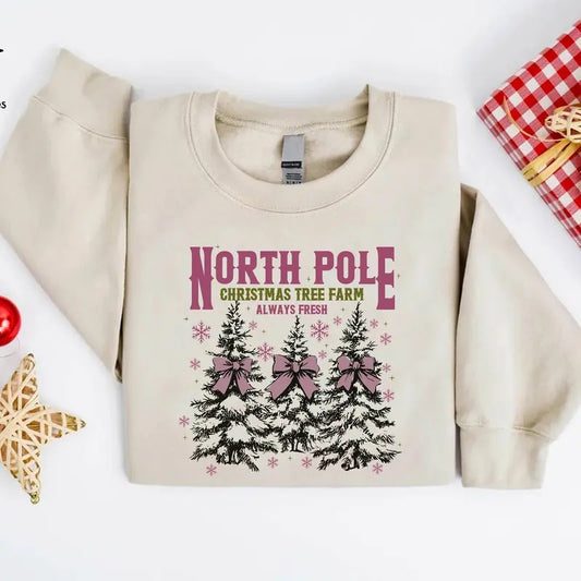 North Pole Fresh Christmas Tree Farm Sweatshirt, Pink Christmas Coquette Bow Sweater, Xmas Season Shirt, Xmas Women Gift, Holiday Sweatshirt