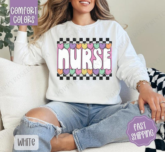 Nurse Candy Hearts Comfort Colors Sweatshirt, RN Crewneck, Valentine Women's Sweater