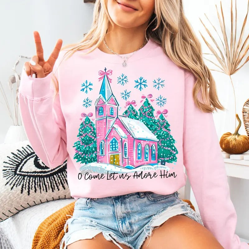Oh Come Let Us Adore Him Sweatshirt, Coquette Bow Christmas Tree Shirt, Christmas Jesus, Christian Christmas, Xmas Tree with Bow