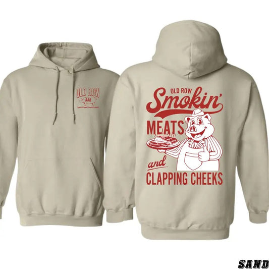 Old Row BBQ Smokin' Meats Hoodie - Retro BBQ Enthusiast Graphic, Fun and Quirky Pig Design, Perfect for Grill Masters and Meat Lovers, Cozy Hoodie for Backyard Barbecues and Casual Wear, Unique Apparel for BBQ Fans Menswear Sweaters Menswear Sweaters Tops