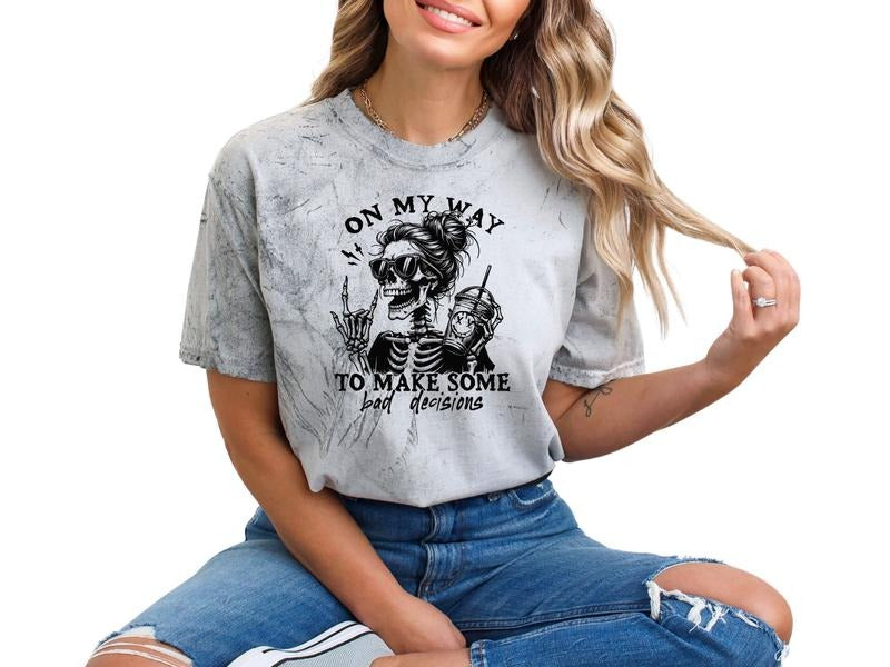 On My Way to Make Bad Decisions Unisex Size Graphic T Shirt for Women, Casual T-Shirt, Skull - Retro Inspired Graphic Tee, Skeleton T-Shirt, Sarcastic - Adult Humor Shirt Top Womenswear