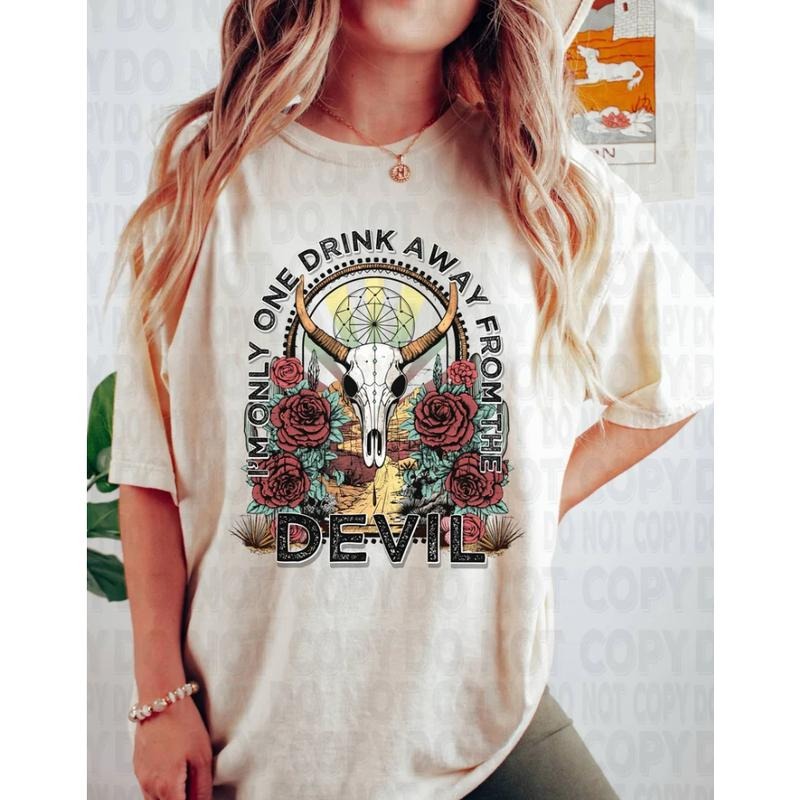 One Drink Away From The Devil Comfort Colors Tshirt, Country Music Graphic Tee, Western Concert Shirt
