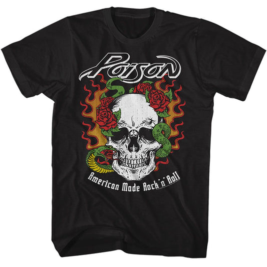 Poison - Flame Skull With Snake - American Classics - Solid Black Adult Short Sleeve T-Shirt