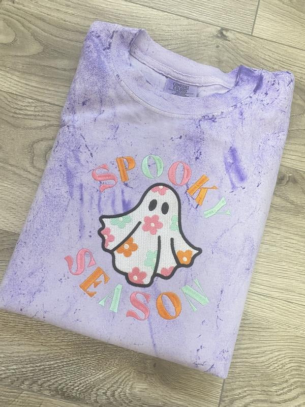 Pastel Floral Ghost T Shirt Colorblast Machine Embroidered Short Sleeve Shirt