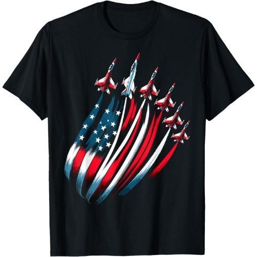 Patriotic USA Flag Fighter Jets Boys 4th of July T-Shirt Made in USA